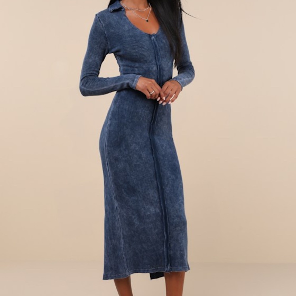 Lulus Effortlessly Pristine Washed Navy Ribbed Long Sleeve Midi Dress Blue